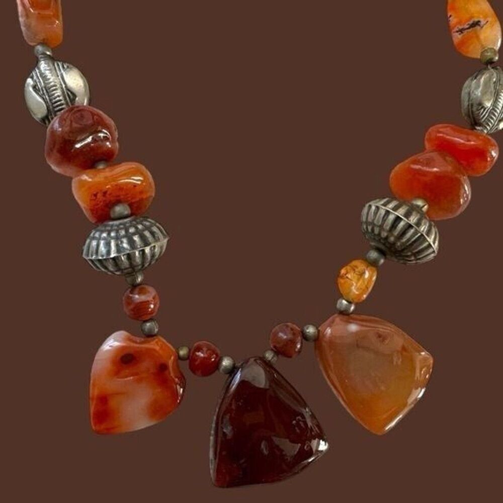 VTG Handmade Orange Carnelian Stone Silver Necklace